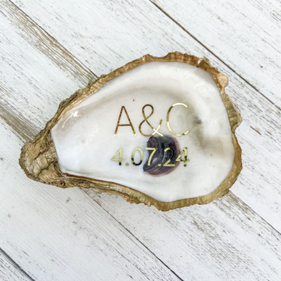 Personalized Oyster Shell with Initials and Wedding Date in Block Font