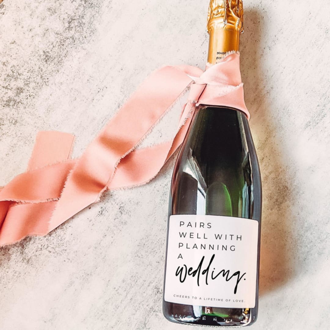 "Engagement Gift Champagne Label | Pairs well with Wedding Planning" - Couple Gifts in white by The Pretty Little Mess