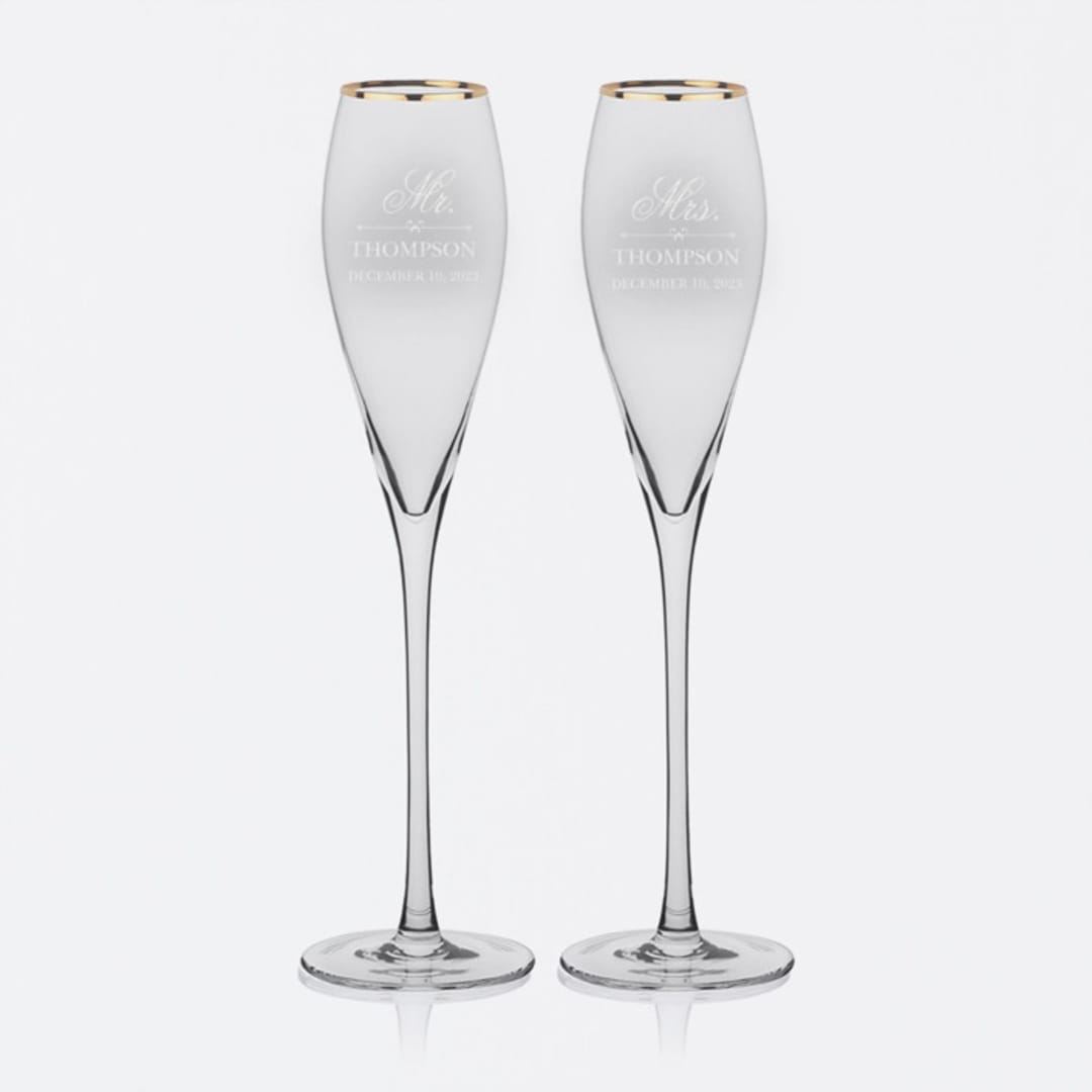 "Mr and Mrs Personalized Gold Rim Tulip Shaped Champagne Flutes, Set of 2" - Couple Gifts in clear by Colin Supple