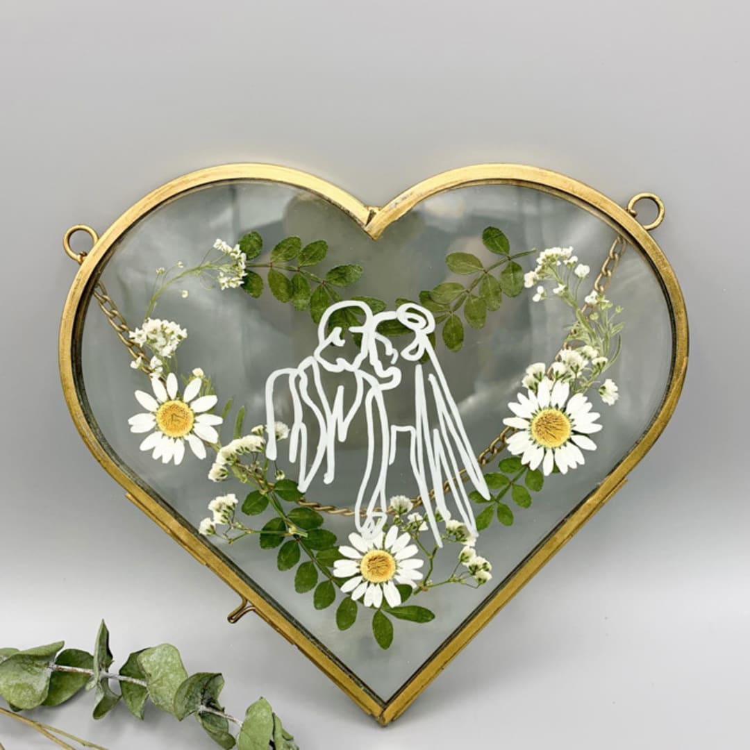 Bride And Groom Gold Pressed Flower Heart Frame