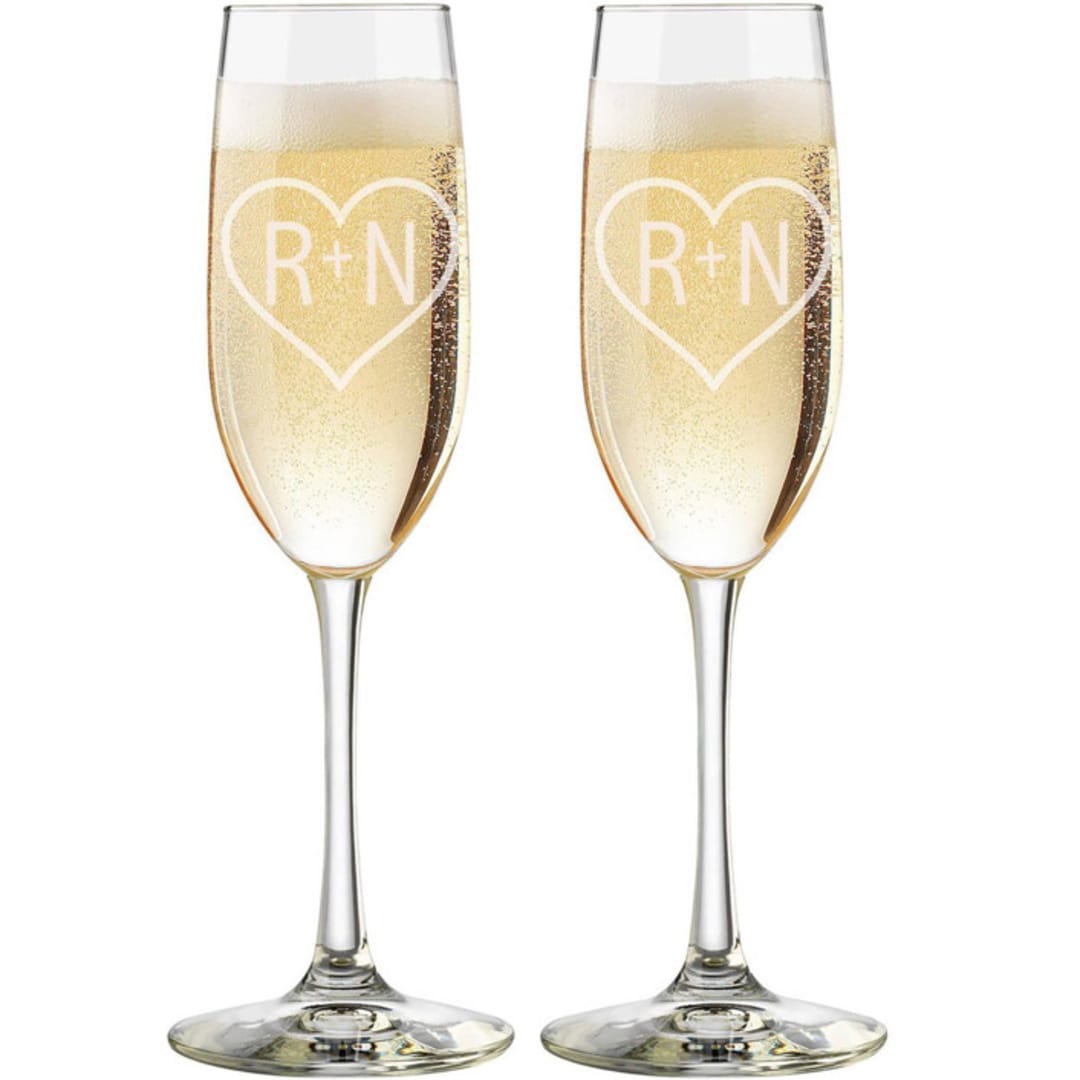 "Custom 8 oz Engraved Hearts Champagne Toasting Flutes - Set of 2" - Couple Gifts in clear by Great Little Favor Co