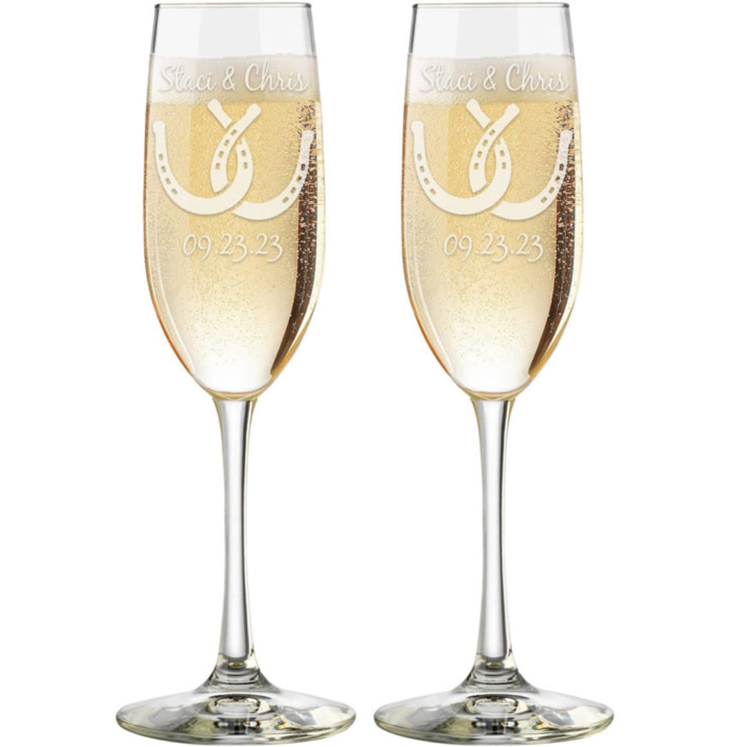 "Custom 8 oz. Horse Shoe  Champagne Toasting Flutes - Set of 2" - Couple Gifts in clear by Great Little Favor Co