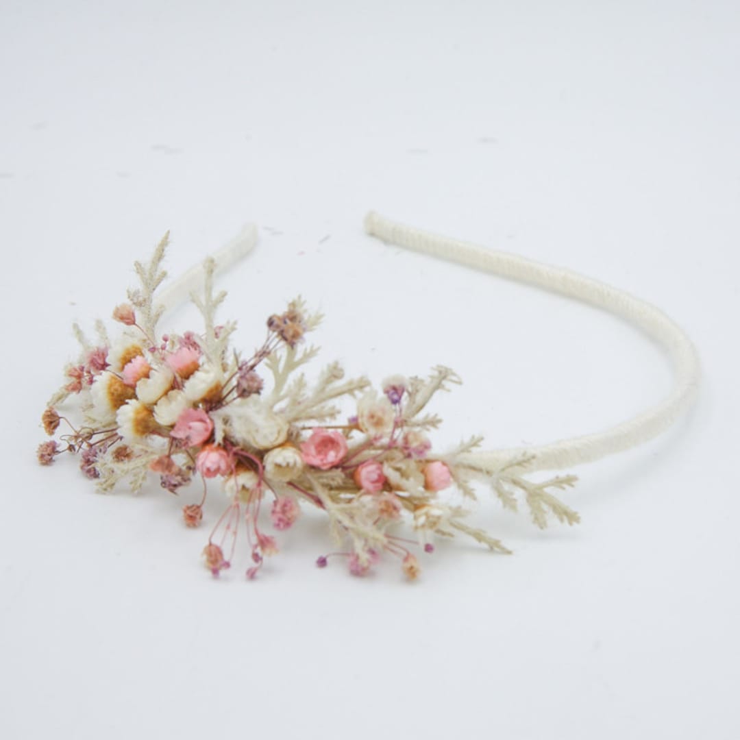 Dried Flower Headband in Pink and Ivory, with Babies Breath