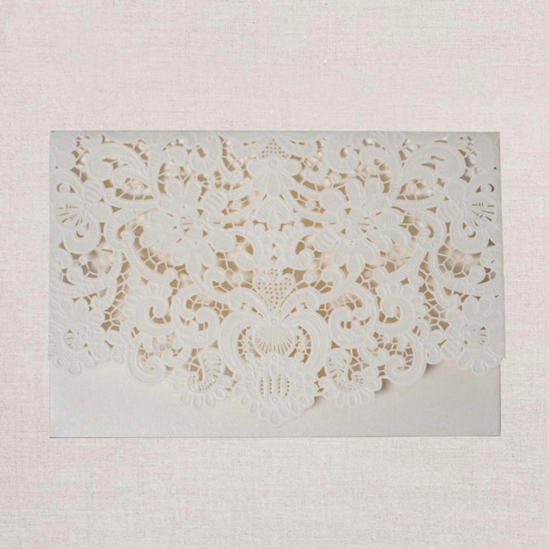 "Qty of 50 Custom Ivory Shimmer Graceful Lace Wedding Invitation Pocket | Other Color Options Available" - Invitation Pockets in beige by Papel Custom Design
