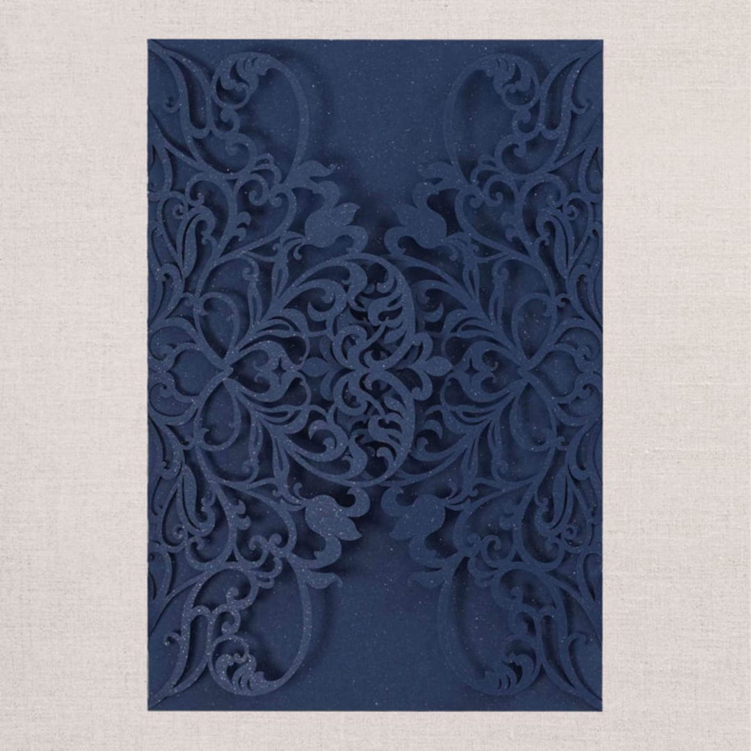 "Qty of 50 Custom Navy Irridescent Shimmer Exquisite Lace Laser Cut | Other Color Options Available" - Invitation Pockets in blue by Papel Custom Design
