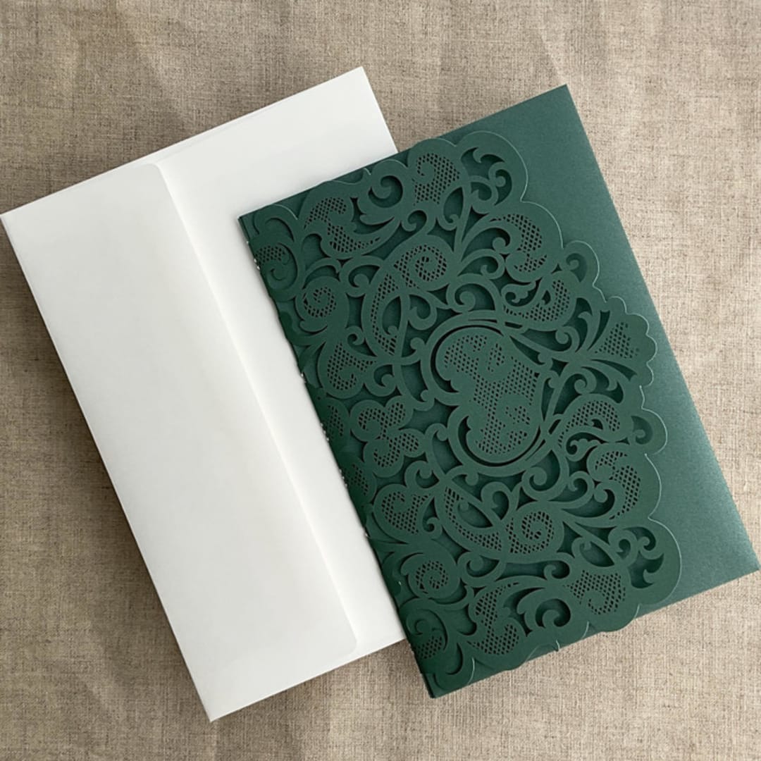 "Forest Green Lace Lasercut Tri Fold Pocket | Pack of 10 | Envelopes Included" - Invitation Pockets in green by Ivory Invitations