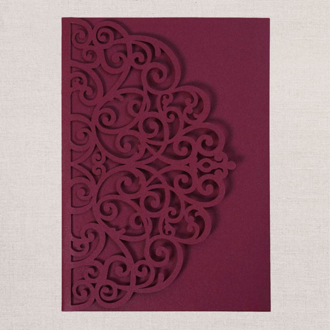 "Qty of 50 Custom Gorgous Open Lace Burgundy Shimmer Pocket | Other Color Options Available" - Invitation Pockets in red by Papel Custom Design