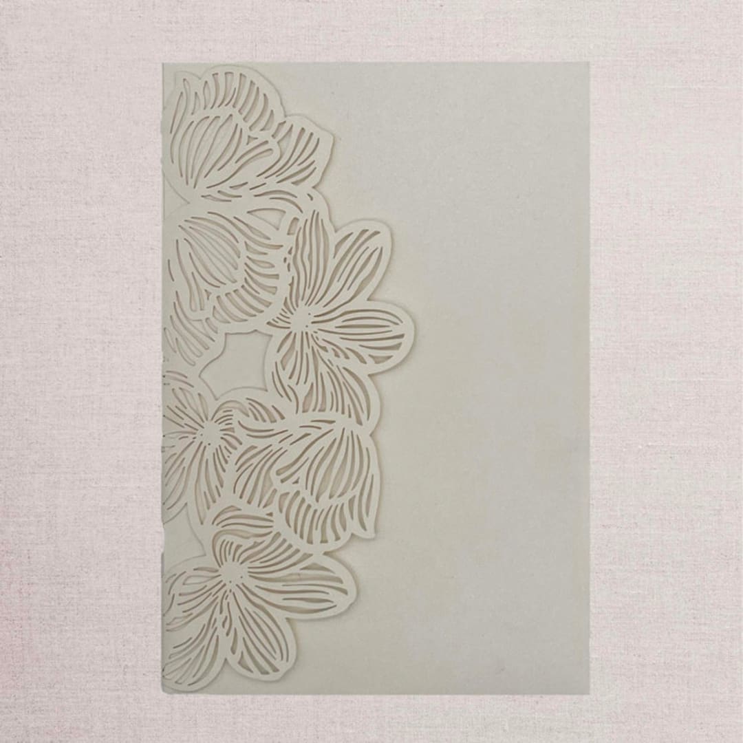 "Qty of 50 Custom Ivory Shimmer Exquisite Flower Tri-fold Laser Cut with Inside Pocket | Other Color Options Available" - Invitation Pockets in pink by Papel Custom Design
