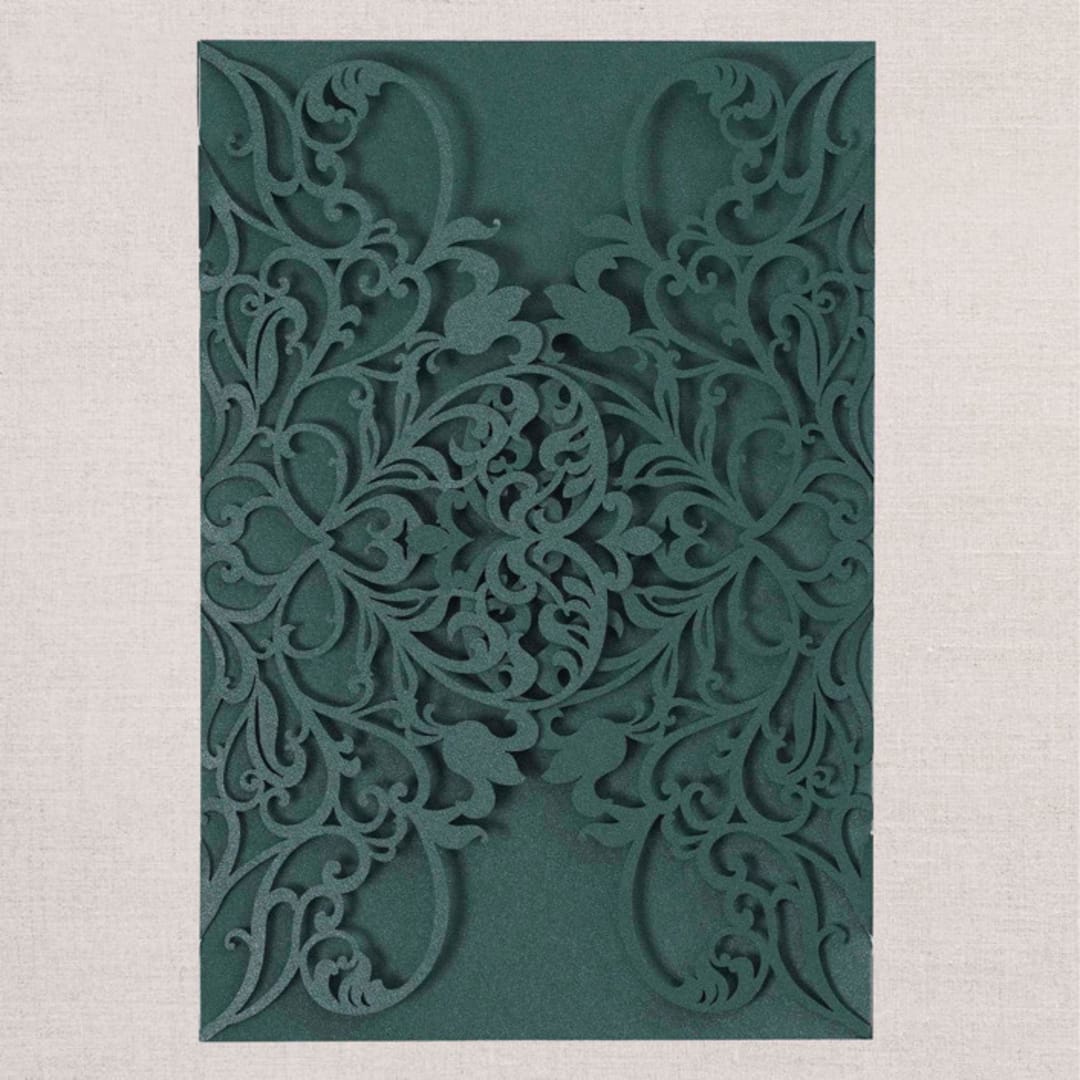 "Qty of 50 Custom Emerald Shimmer Exquisite Lace Laser Cut | Other Color Options Available" - Invitation Pockets in green by Papel Custom Design