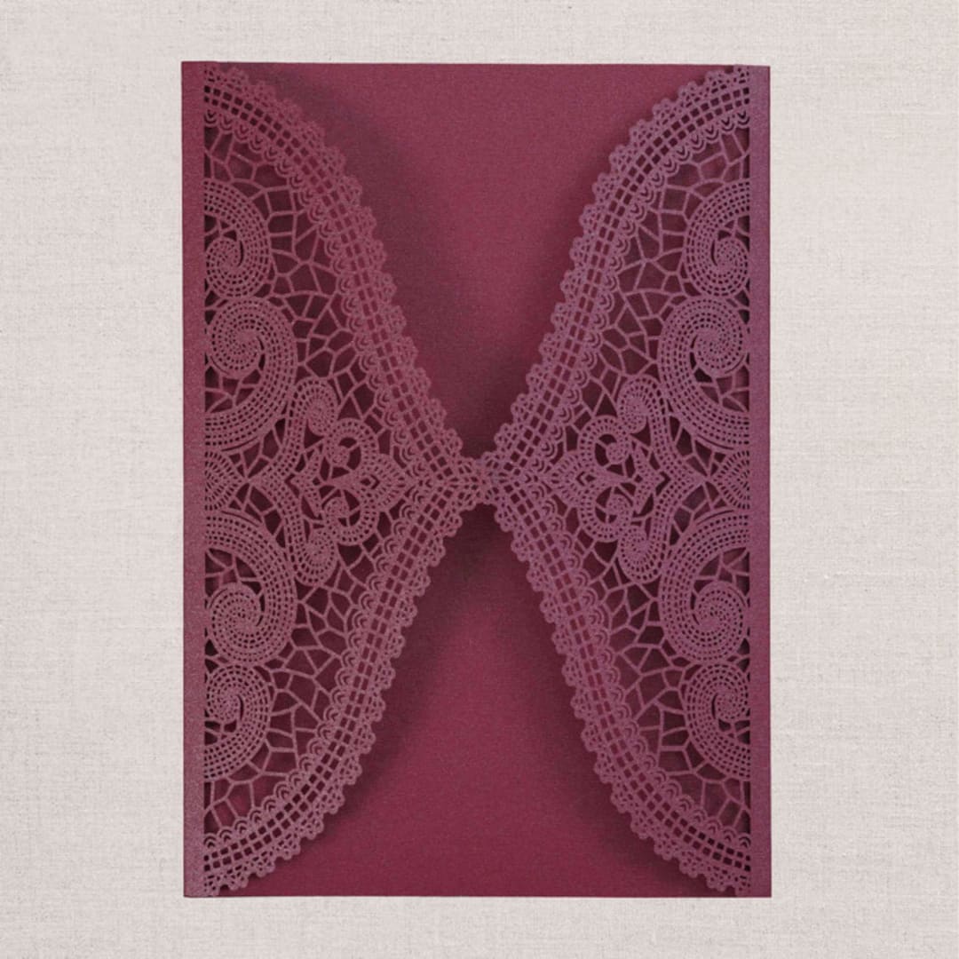 "Qty of 50 Custom Burgundy Shimmer Chantilly Lace Invitation Pocket | Other Color Options Available" - Invitation Pockets in red by Papel Custom Design