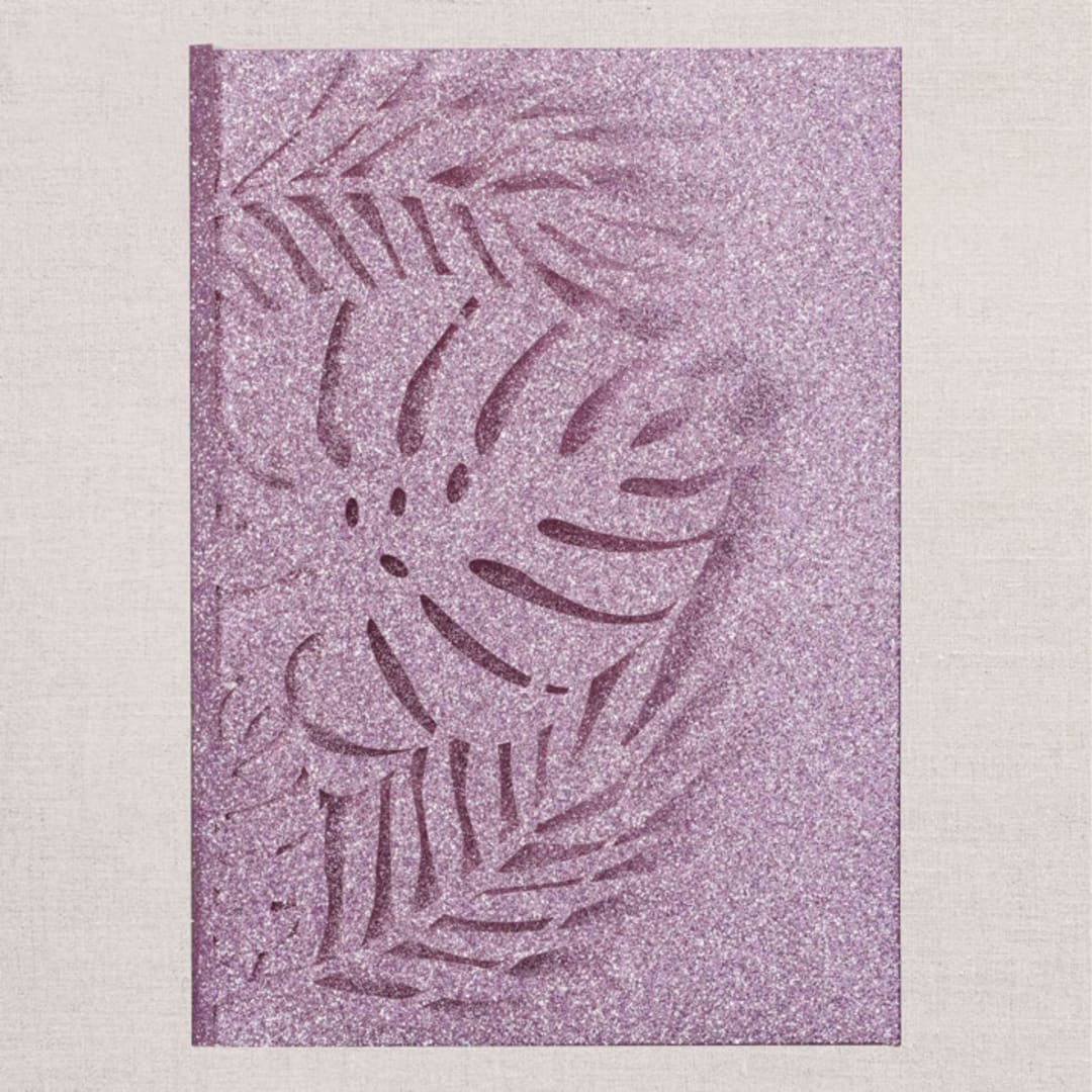 "Qty of 50 Custom Mauve Glitter Tropical Leaf Lasercut Pocket | Other Color Options Available" - Invitation Pockets in purple by Papel Custom Design