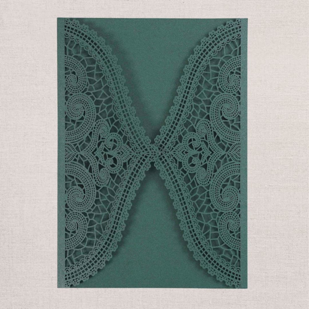 "Qty of 50 Custom Emerald Shimmer Chantilly Lace Invitation Pocket | Other Color Options Available" - Invitation Pockets in green by Papel Custom Design
