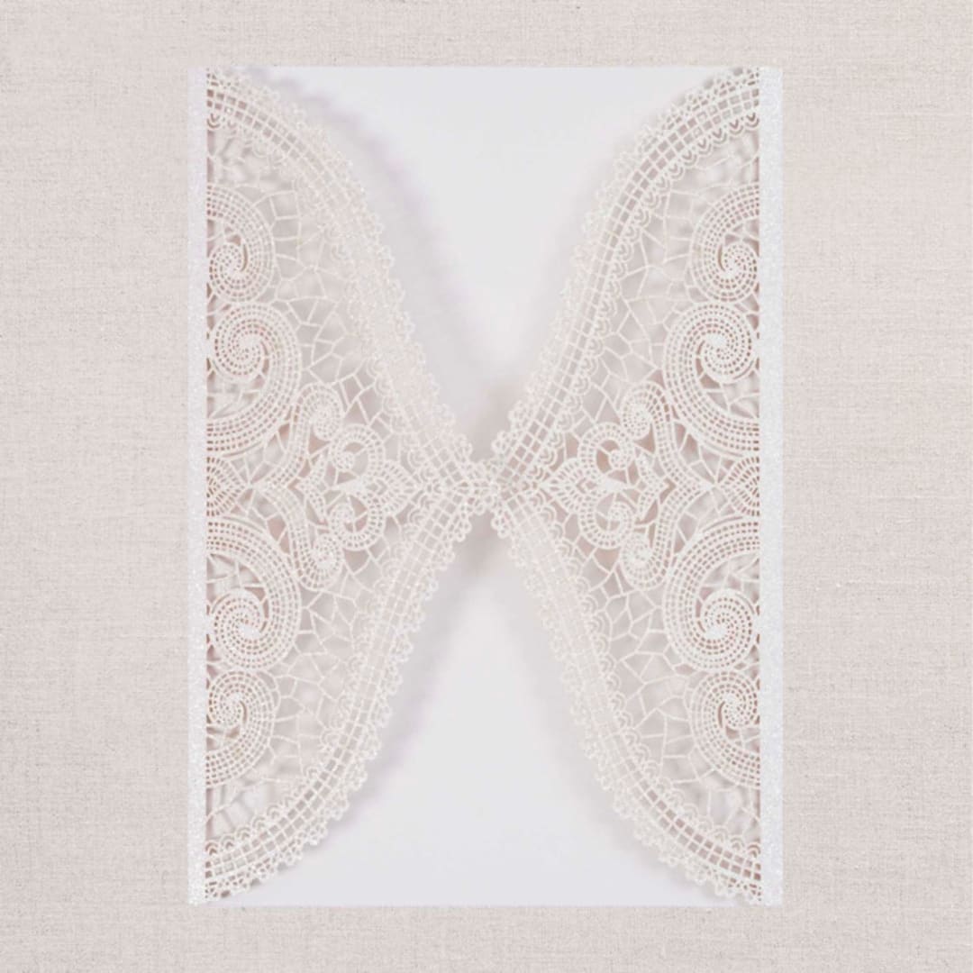 "Qty of 50 Custom White Shimmer Chantilly Lace Invitation Pocket | Other Color Options Available" - Invitation Pockets in white by Papel Custom Design