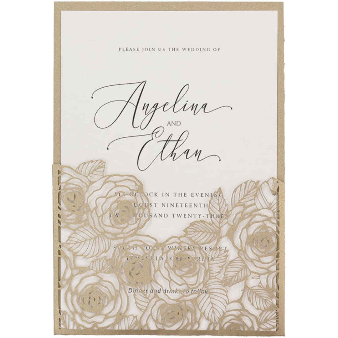 "Old Gold Laser Cut Invitation Pocket with Roses Motif for 5x7 Card | Set of 10 | Envelopes Included" - Invitation Pockets in gold by Self Stationery