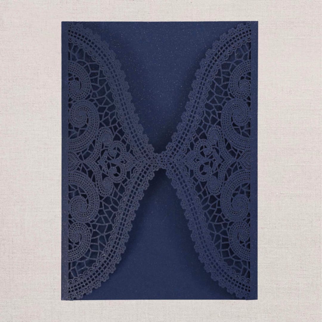 "Qty of 50 Custom Navy Irridescent Shimmer Chantilly Lace Invitation Pocket | Other Color Options Available" - Invitation Pockets in blue by Papel Custom Design