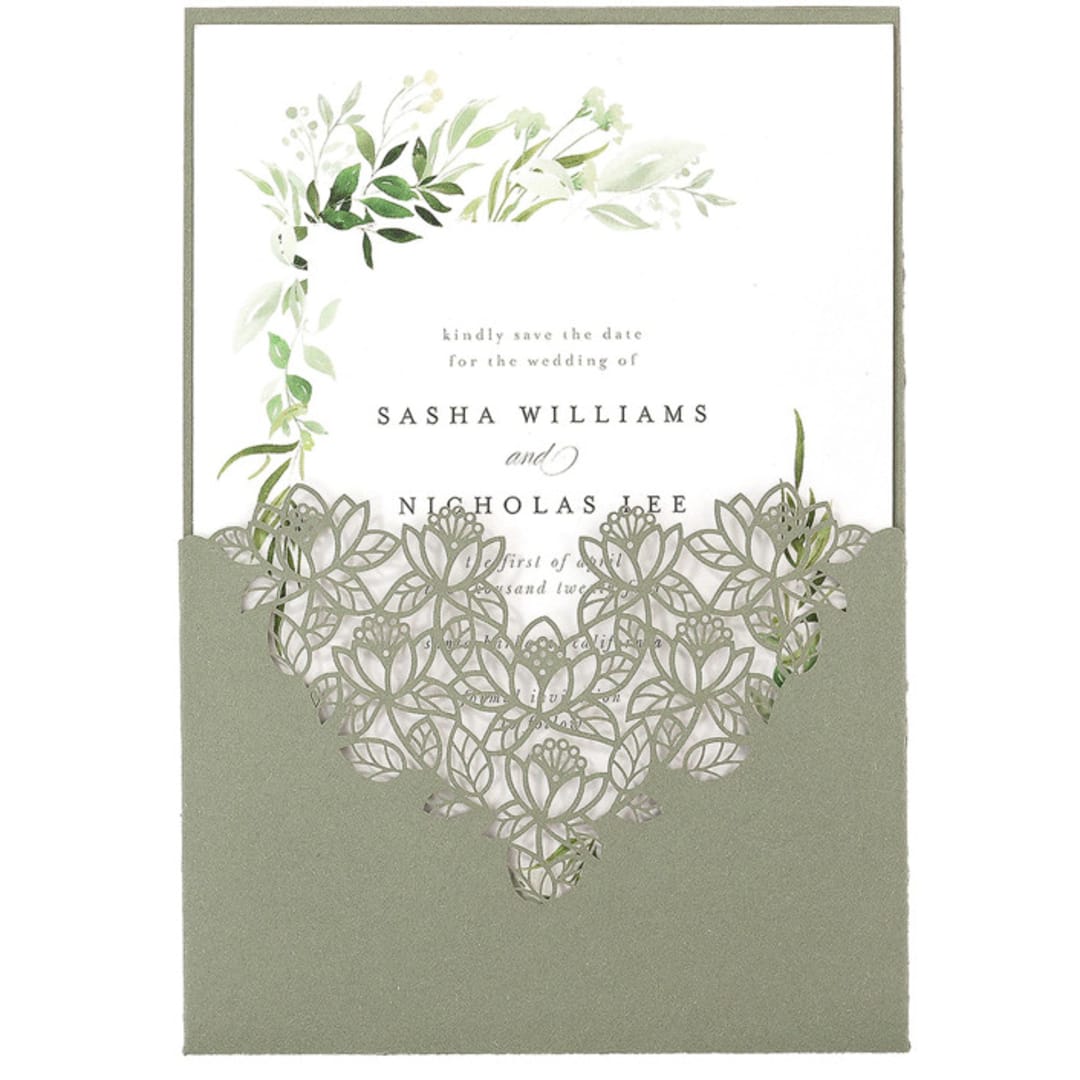 "Sage Green Laser Cut Invitation Pocket for 5x7 Card | Set of 10 | Envelopes Included" - Invitation Pockets in green by Self Stationery