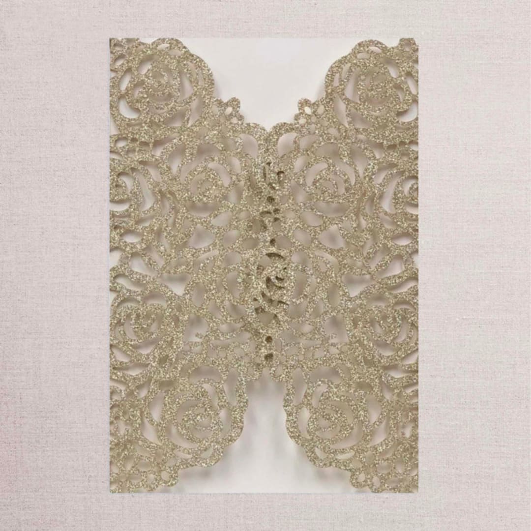 "Qty of 50 Custom Gold Glitter Rose Design Laser Cut | Other Color Options Available" - Invitation Pockets in multicolor by Papel Custom Design
