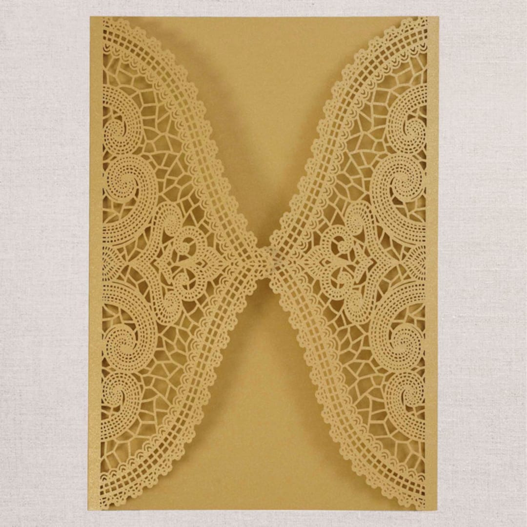 "Qty of 50 Custom Medium Gold Shimmer Chantilly Lace Invitation Pocket | Other Color Options Available" - Invitation Pockets in gold by Papel Custom Design