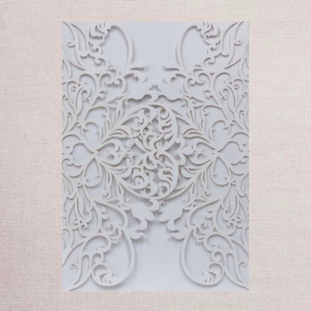 "Qty of 50 Custom White Exquisite Lace Laser Cut | Other Color Options Available" - Invitation Pockets in beige by Papel Custom Design