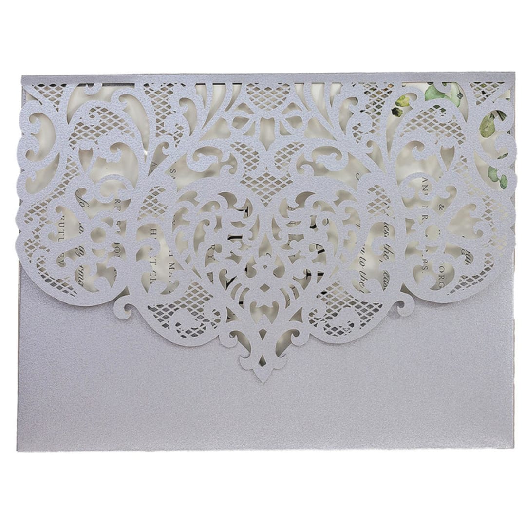 "Silver Laser Cut Lace Invitation Pocket for 5x7 Card | Set of 10 | Envelopes Included" - Invitation Pockets in silver by Self Stationery