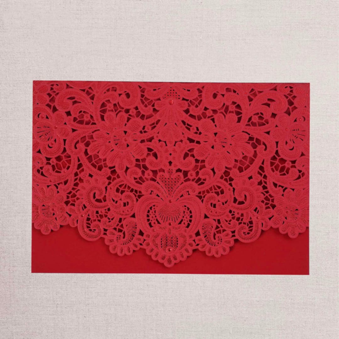 "Qty of 50 Custom Red Shimmer Graceful Lace Wedding Invitation Pocket | Other Color Options Available" - Invitation Pockets in red by Papel Custom Design