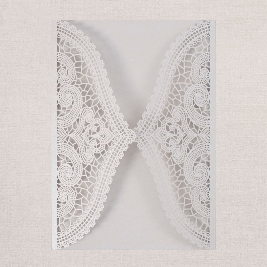 "Qty of 50 Custom Silver Shimmer Chantilly Lace Invitation Pocket | Other Color Options Available" - Invitation Pockets in silver by Papel Custom Design
