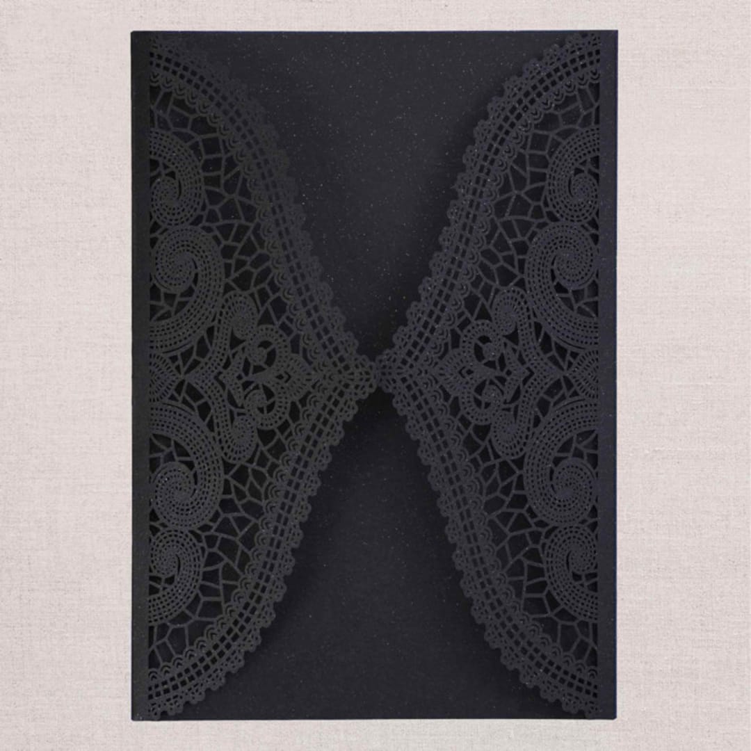 "Qty of 50 Custom Black Irridescent Shimmer Chantilly Lace Invitation Pocket | Other Color Options Available" - Invitation Pockets in black by Papel Custom Design
