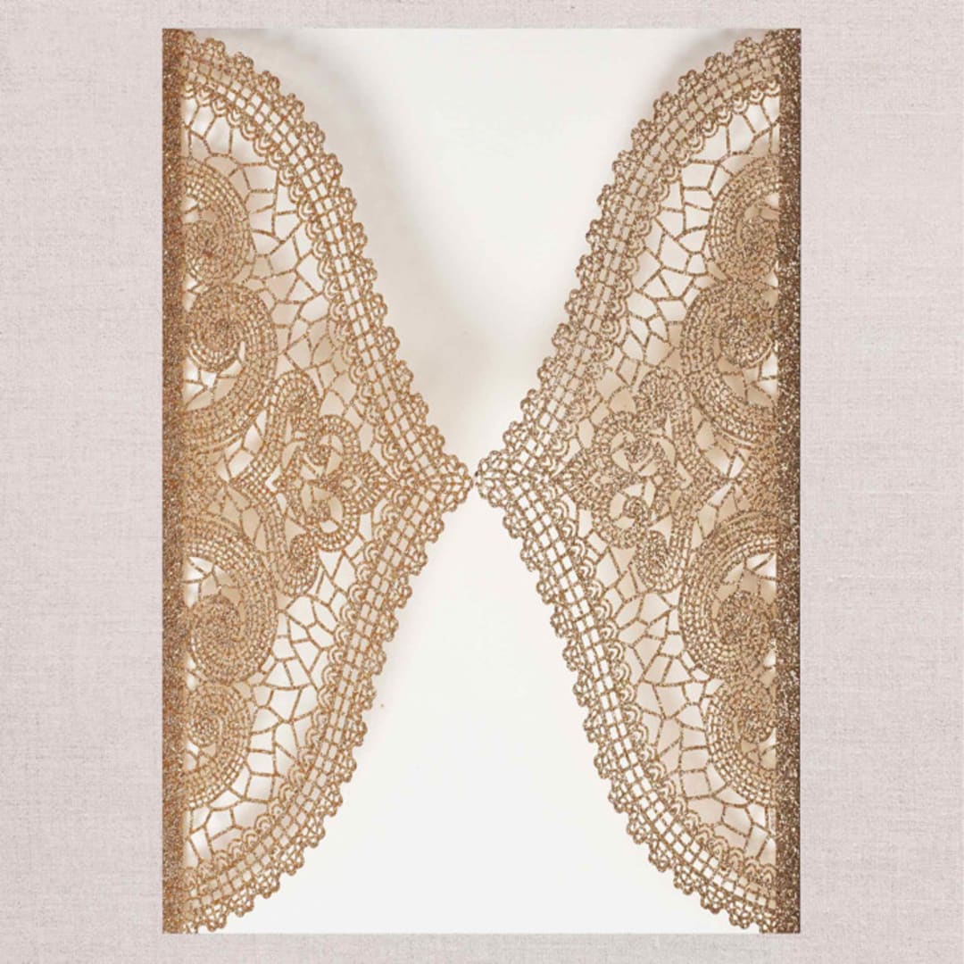"Qty of 50 Custom Rose Gold Glitter Chantilly Lace Invitation Pocket | Other Color Options Available" - Invitation Pockets in gold by Papel Custom Design