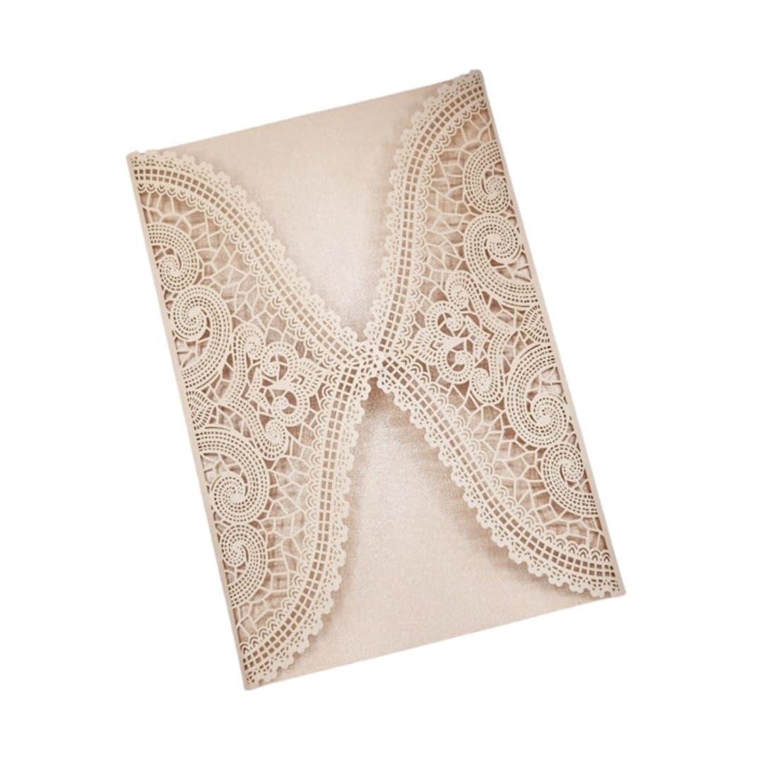 "Blush Lace Laser Cut Gatefold (Set of 10)" - Invitation Pockets in pink by Caroline Russo