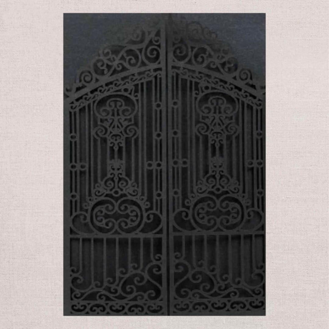"Qty of 50 Custom Black Shimmer Retro Iron Gate Laser Cut | Other Color Options Available" - Invitation Pockets in green by Papel Custom Design