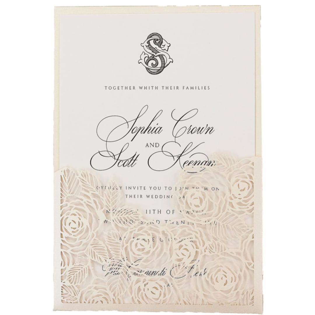 "Cream Laser Cut Invitation Pocket with Roses Motif for 5x7 Card | Set of 10 | Envelopes Included" - Invitation Pockets in beige by Self Stationery