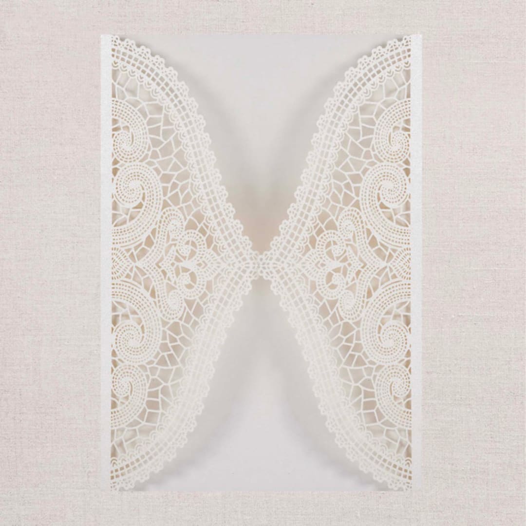 "Qty of 50 Custom Ivory Shimmer Chantilly Lace Invitation Pocket | Other Color Options Available" - Invitation Pockets in beige by Papel Custom Design