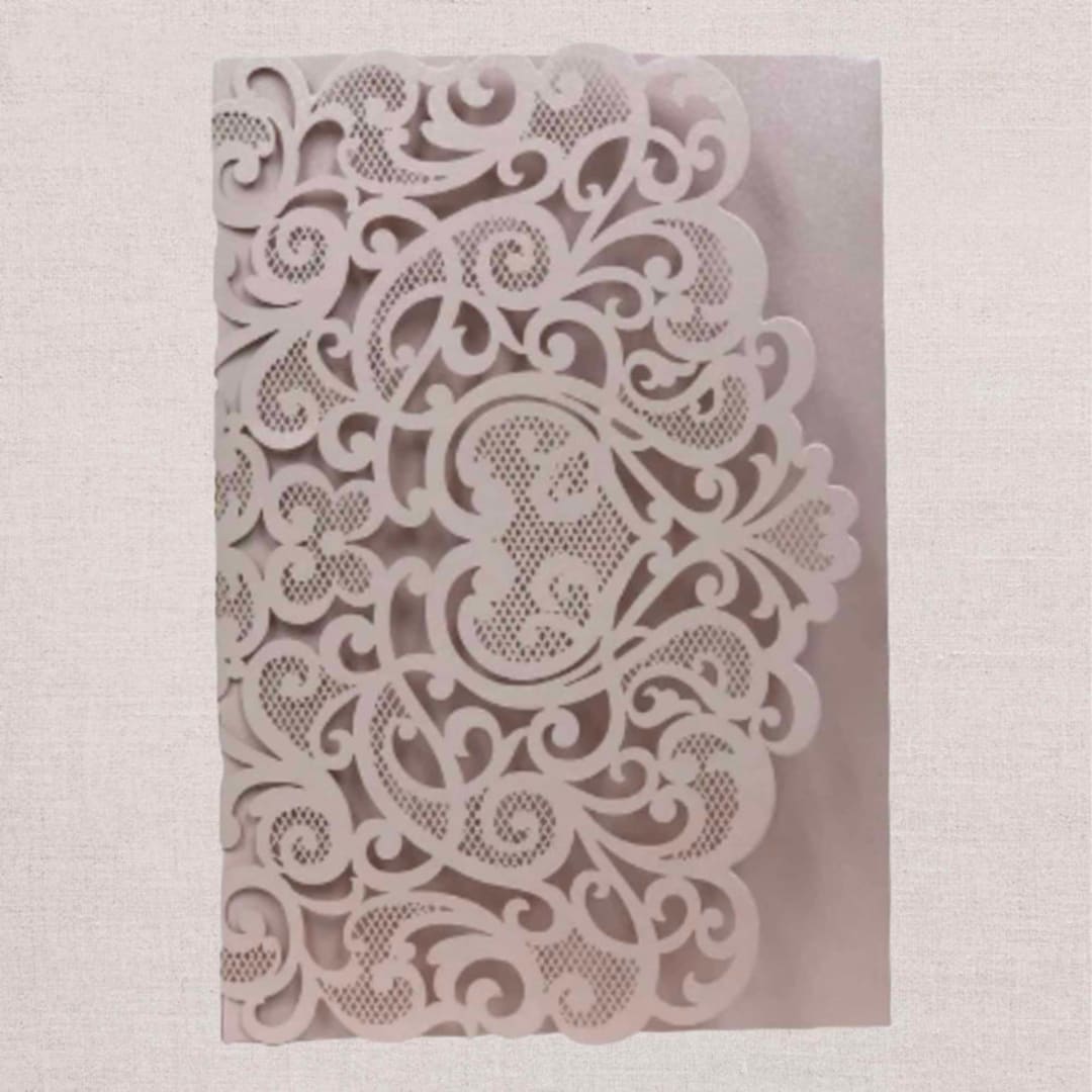 "Qty of 50 Custom Blush Shimmer Graceful Love Heart Tri-fold Laser Cut Pocket | Other Color Options Available" - Invitation Pockets in brown by Papel Custom Design
