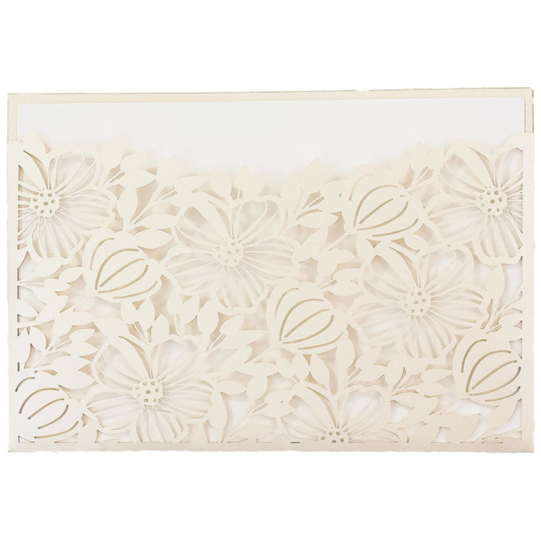 "Cream Floral Laser Cut Invitation Pocket for 5x7 Card | Set of 10 | Envelopes Included" - Invitation Pockets in beige by Self Stationery