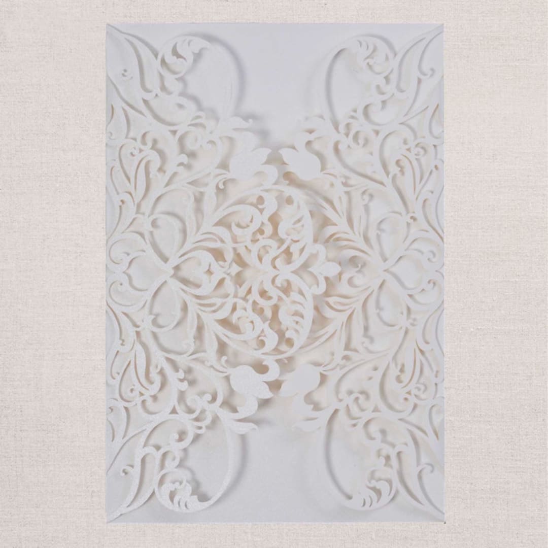 "Qty of 50 Custom Ivory Shimmer Exquisite Lace Laser Cut | Other Color Options Available" - Invitation Pockets in beige by Papel Custom Design