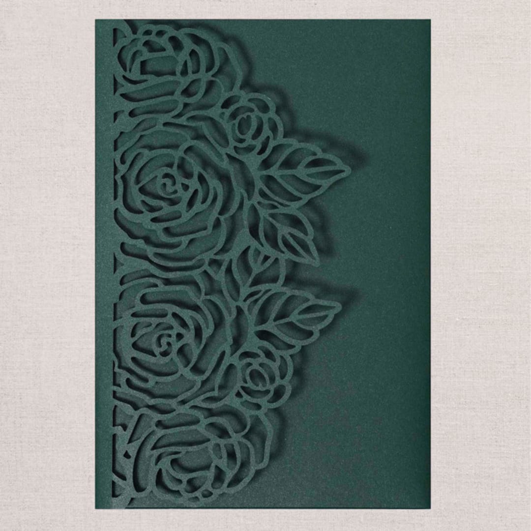 "Qty of 50 Custom Emerald Green Shimmer Rose Detailed Wedding Invitation Pocket | Other Color Options Available" - Invitation Pockets in green by Papel Custom Design