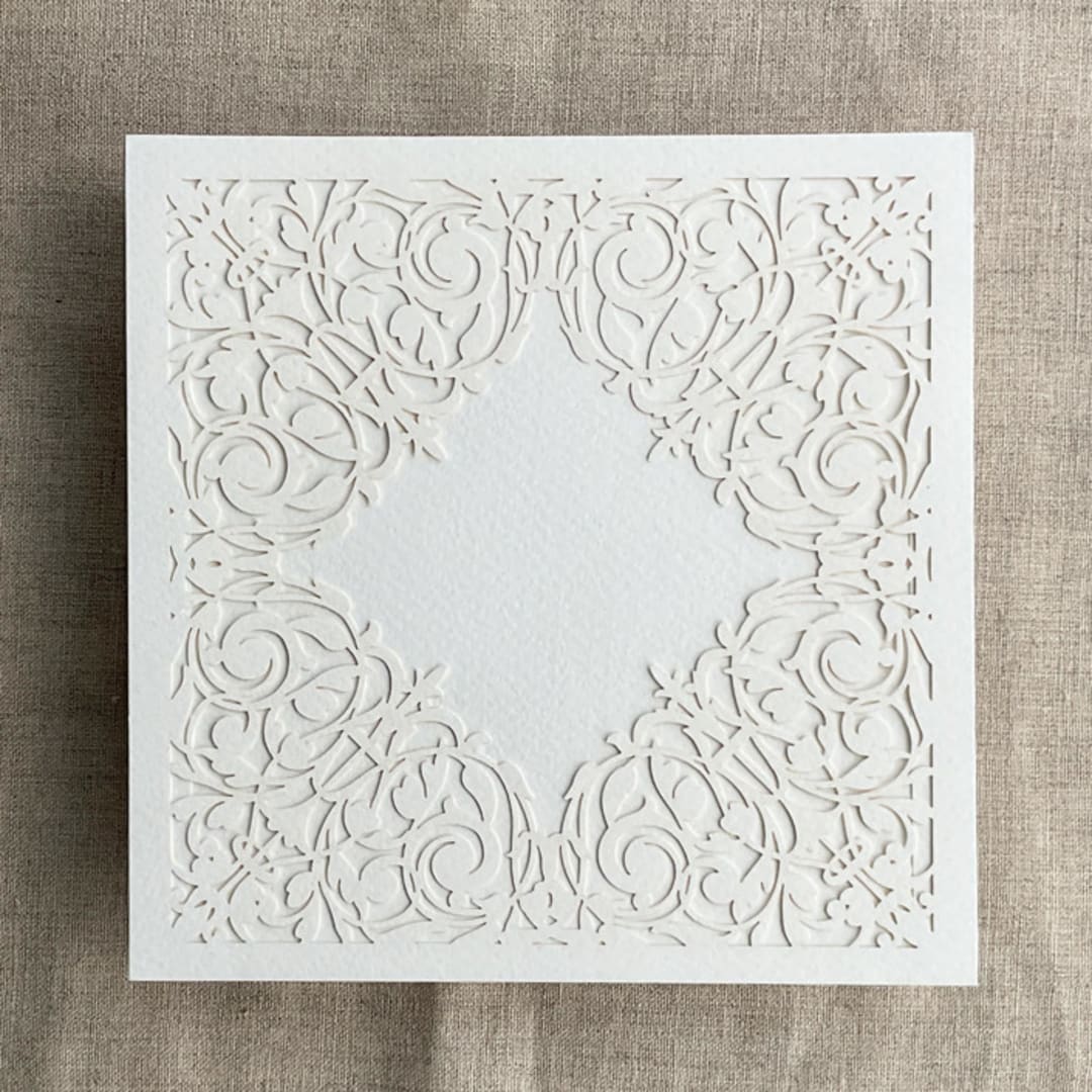 "White Chantilly lace laser cut square pocket | pack of 10 | Envelopes Included" - Invitation Pockets in white by Ivory Invitations