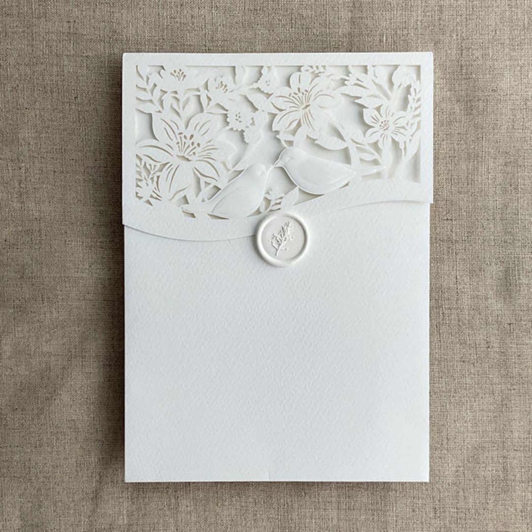 "White birds botany laser cut pocket for 5x7 inches card  | Pack Of 10 | Envelopes Included" - Invitation Pockets in white by Ivory Invitations