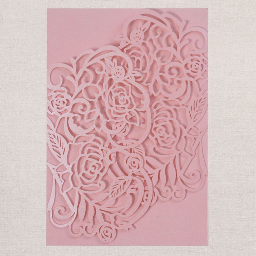 "Qty of 50 Custom Fabulous Asymmetrical Rose Design Laser Cut Wedding Invitation | Other Color Options Available" - Invitation Pockets in blue by Papel Custom Design