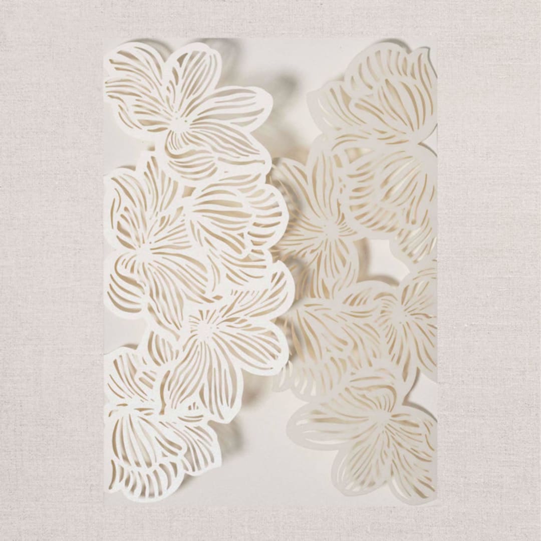 "Qty of 50 Custom Ivory Shimmer Exquisite Flower Laser Cut Gatefold Pocket Wedding Invitations | Other Color Options Available" - Invitation Pockets in beige by Papel Custom Design