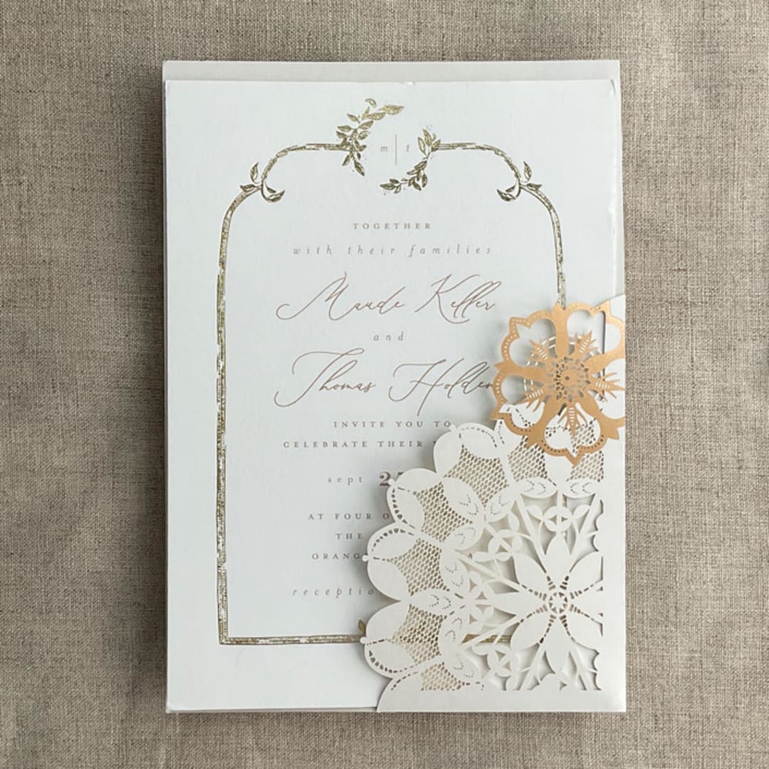 "Floral Lasercut Pocket for 5x7 inch Invitation | Pack of 10 | Envelopes Included" - Invitation Pockets in beige by Ivory Invitations