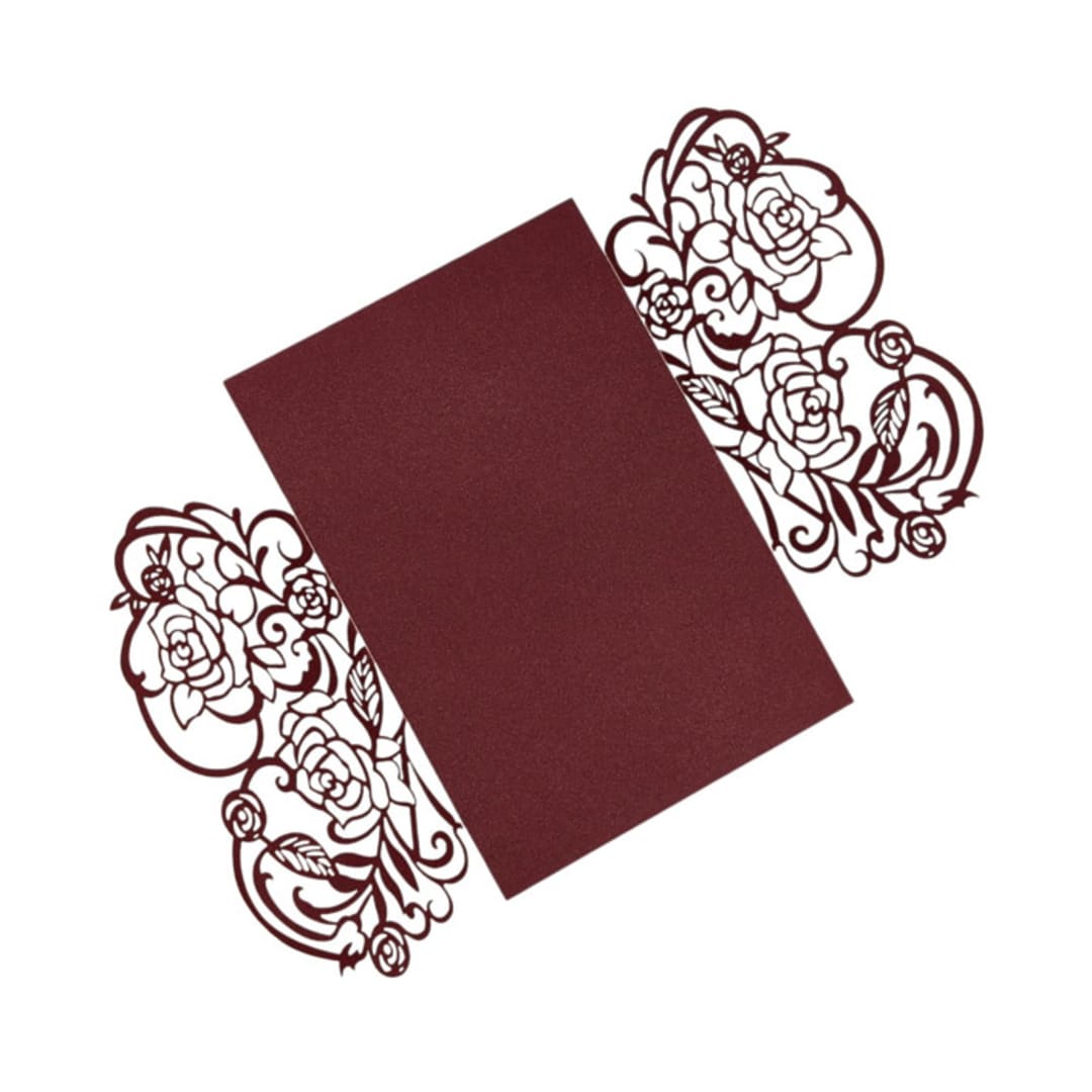 "Burgundy Laser Cut Gatefold (Set of 10)" - Invitation Pockets in red by Caroline Russo