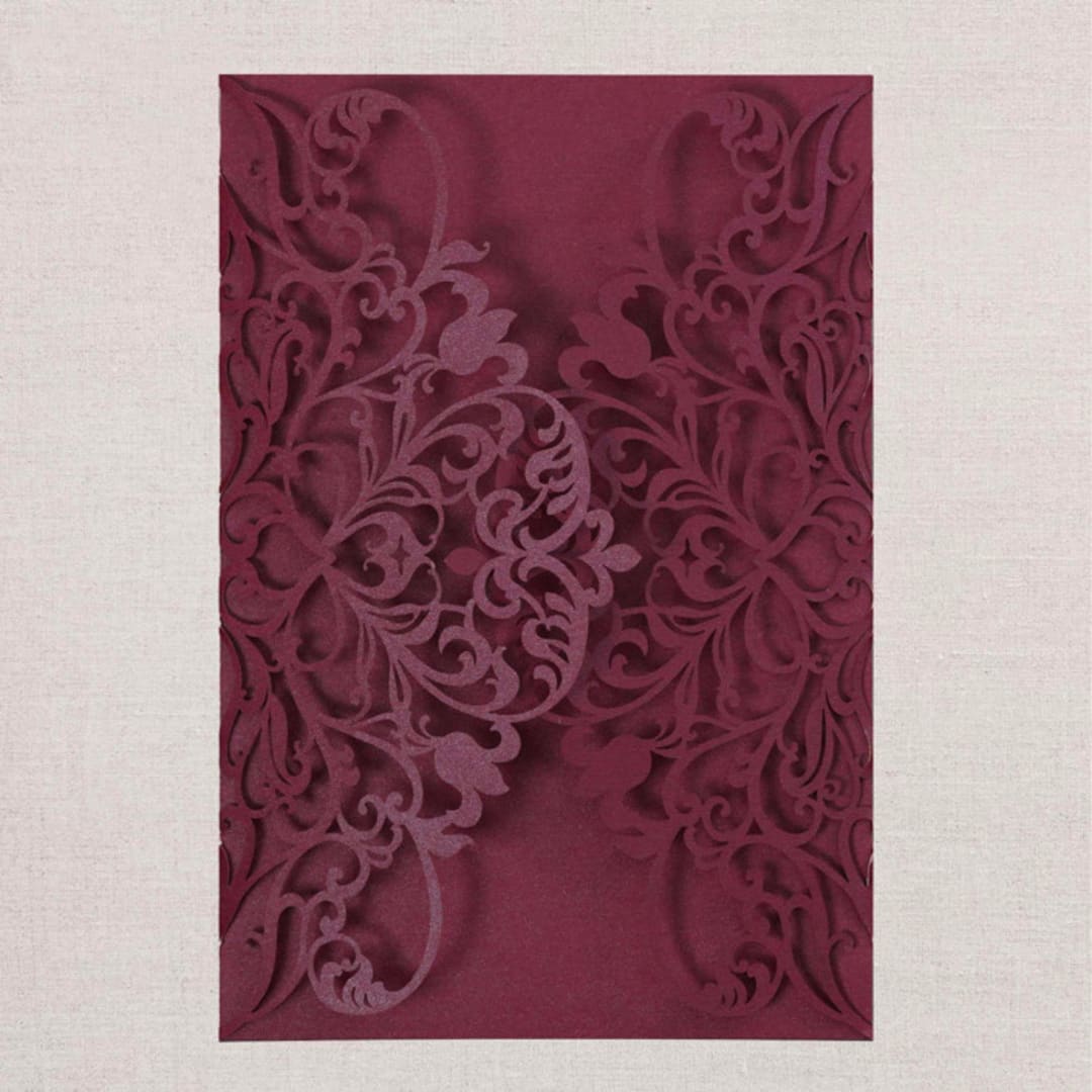 "Qty of 50 Custom Burgundy Shimmer Exquisite Lace Laser Cut | Other Color Options Available" - Invitation Pockets in red by Papel Custom Design