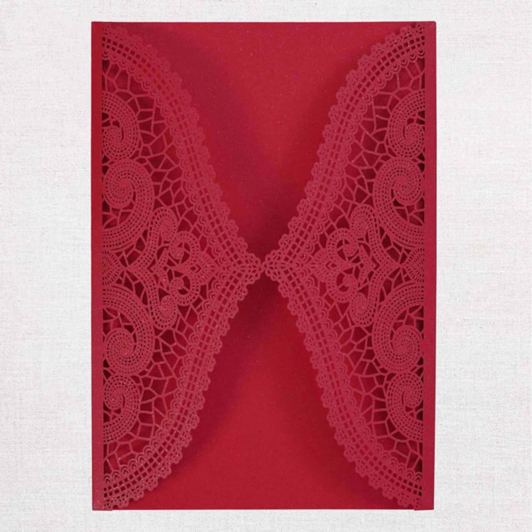 "Qty of 50 Custom Red Shimmer Chantilly Lace Invitation Pocket | Other Color Options Available" - Invitation Pockets in red by Papel Custom Design