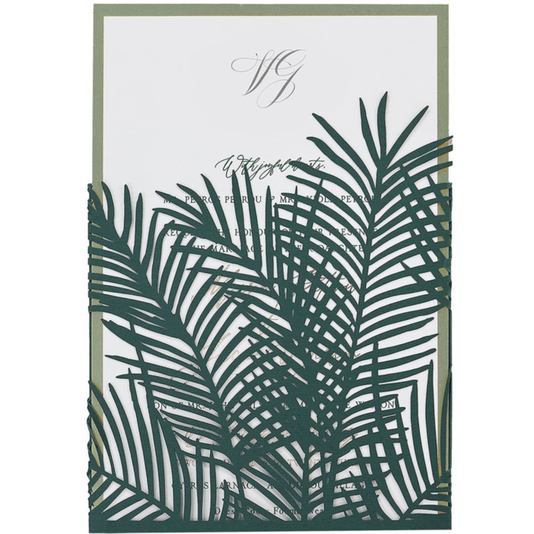 "Tropical Leaves Lasercut Invitation Pocket for 5x7 Card | Set of 10 | Envelopes Included" - Invitation Pockets in green by Self Stationery
