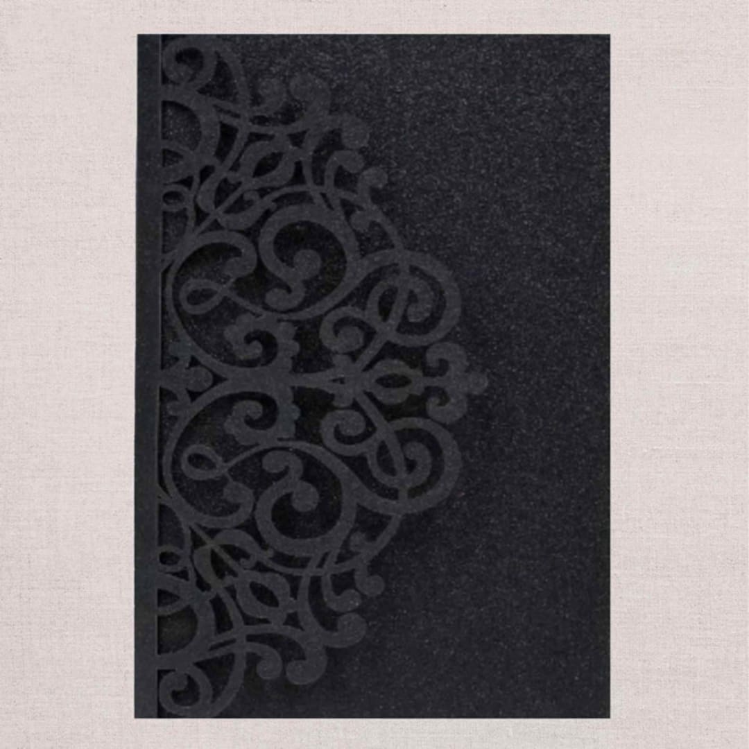 "Qty of 50 Custom Black Glitter Lovely Sash Rose Tri-fold Laser Cut | Other Color Options Available" - Invitation Pockets in white by Papel Custom Design