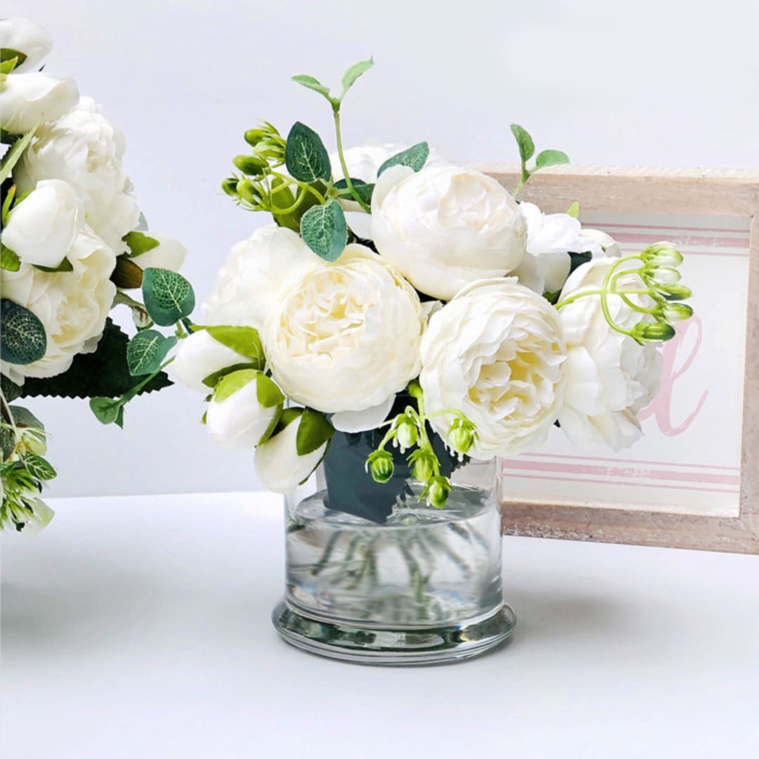 "White Faux Peonies in Vase" - Dried Florals in white by Kristina Jancso