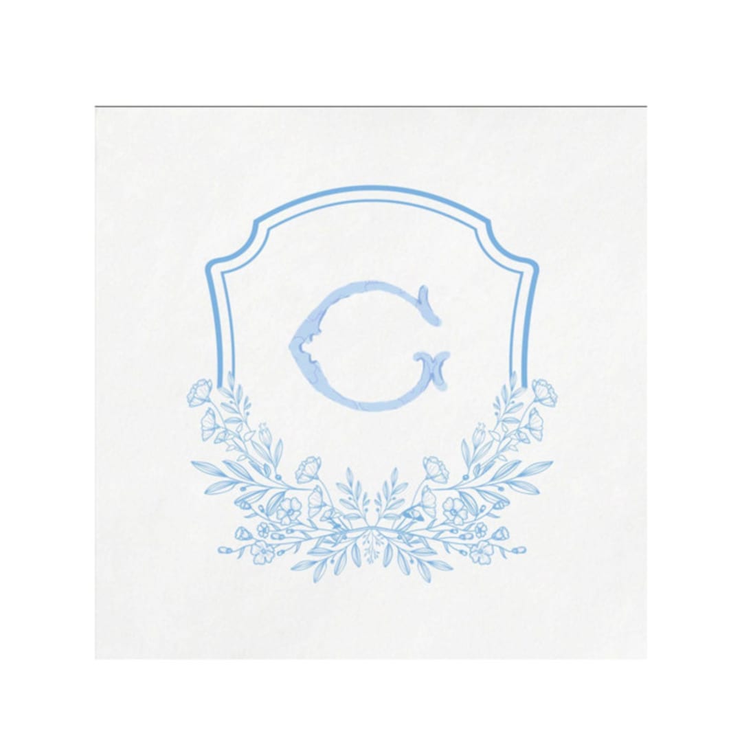 "Custom Blue Floral Monogram Digitally Printed on White Napkin" - Napkins in white by Papel Custom Design