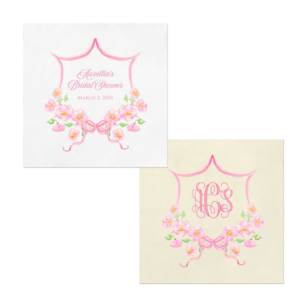 "Custom Pink Buttercup Crest Napkins- Pack of 100 Napkins" - Napkins in white by Papel Custom Design