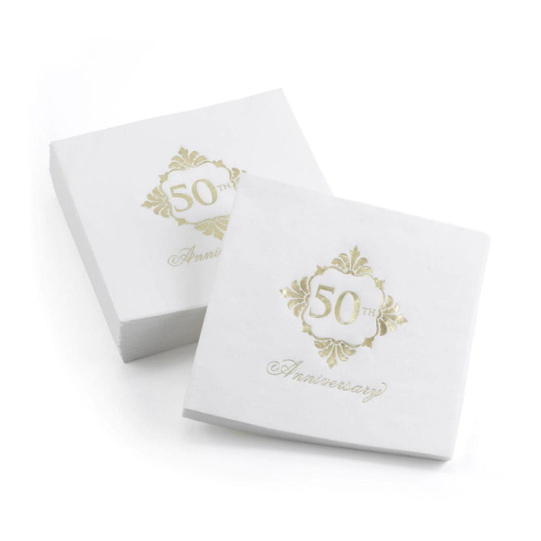 "Golden 50th Anniversary Beverage Napkins - Pack of 50" - Napkins in white by Papel Custom Design